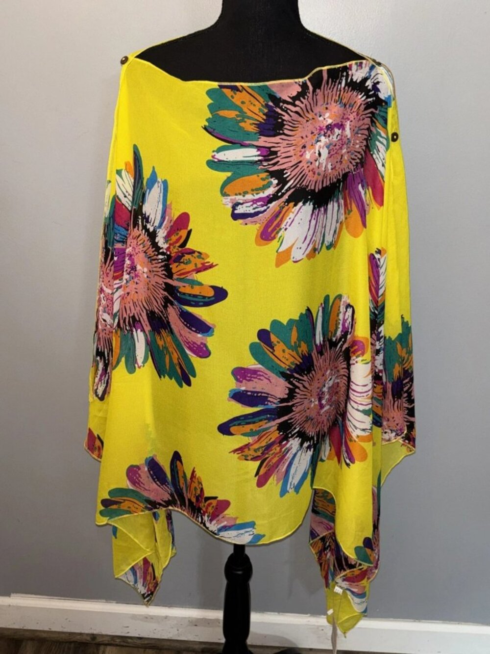 Yellow Vibrant Floral Print Sheer Poncho Shawl Top One Size